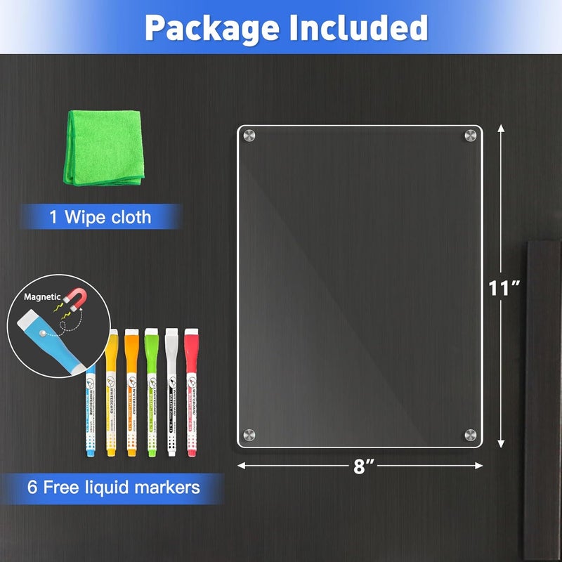 WALGLASS Fridge Acrylic Board, 11"x8" Clear Magnetic Planning Board, Dry Erase Board for Refrigerator, Fridge Planner, 6 Liquid Markers - Image 5